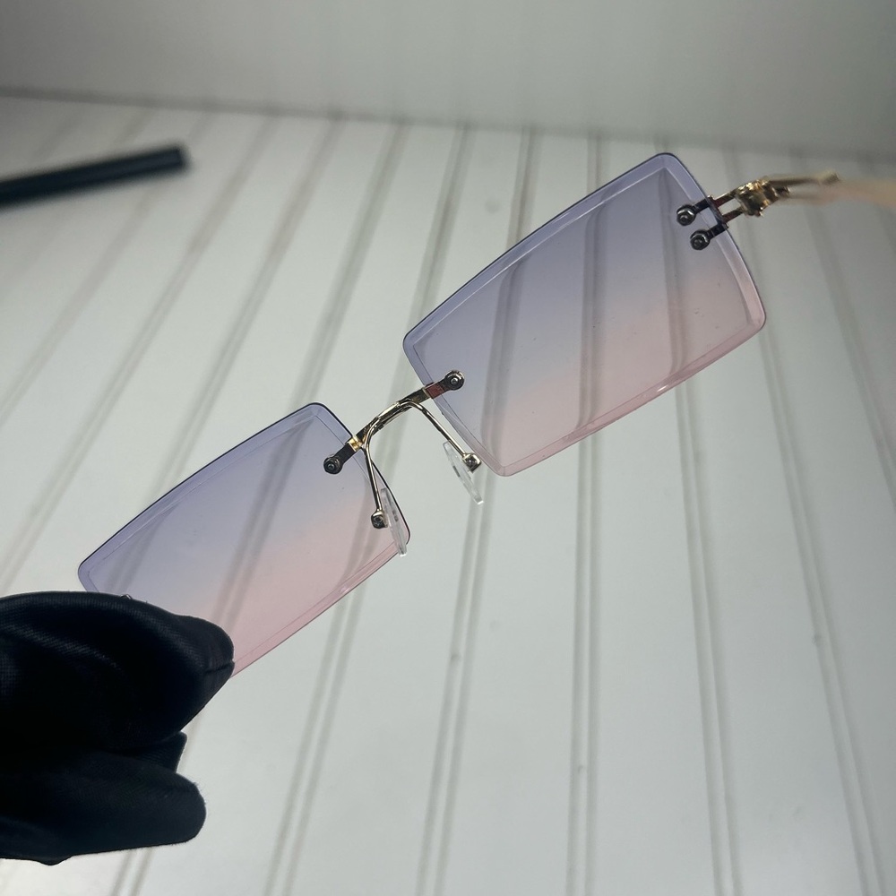 Rimless Gradient Purple Pink Rectangle Sunglasses… - image 6
